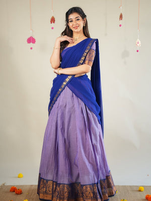 Pastel South Indian half saree lehenga lavender with royal blue contrast
