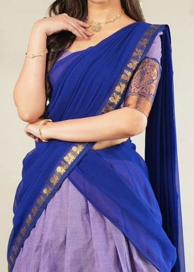 Pastel South Indian half saree lehenga lavender with royal blue contrast
