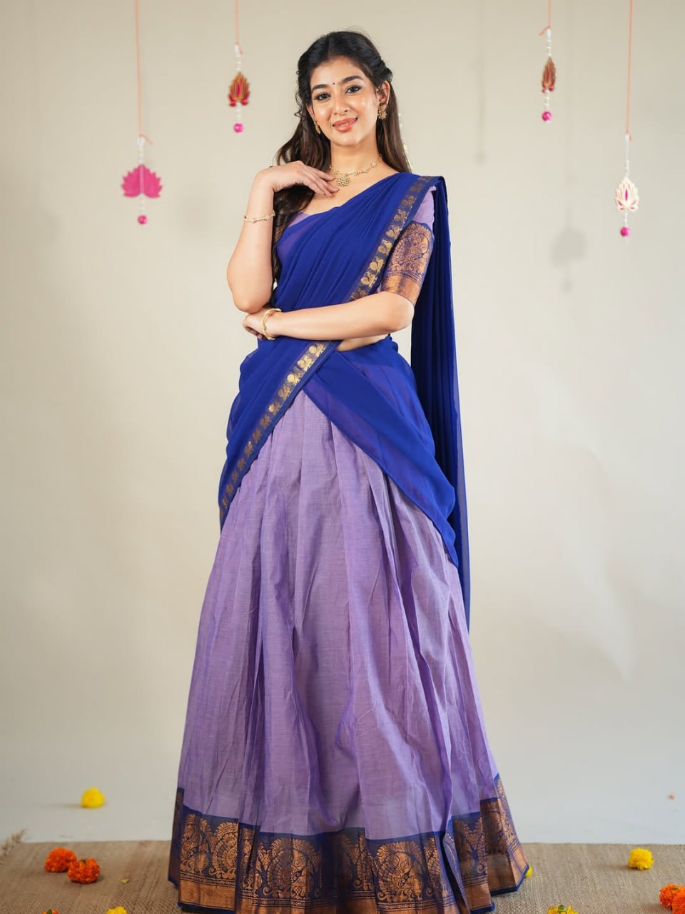 Pastel South Indian half saree lehenga lavender with royal blue contrast
