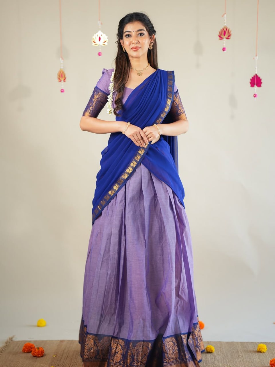Lavender and royal blue Kanchi cotton half saree lehenga with zari paisley border
