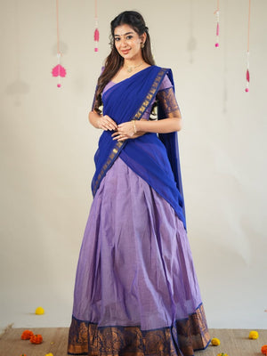 Traditional half saree with woven gold zari paisley border lavender blue
