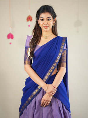 South Indian langa voni in lavender Kanchi cotton with royal blue dupatta
