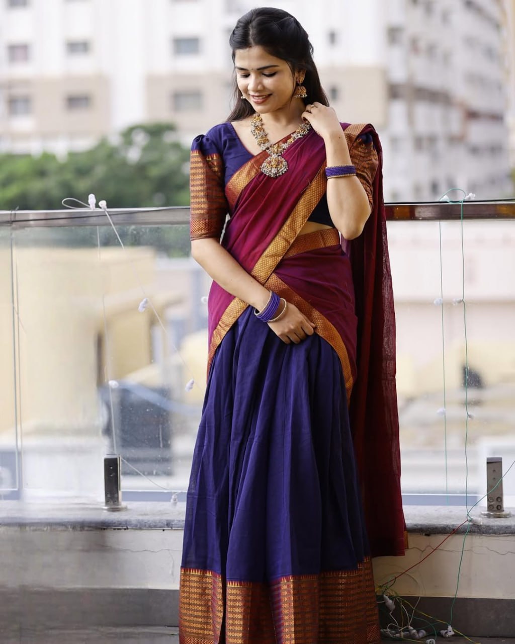 Navy blue and wine Kanchi cotton half saree lehenga with zari temple border
