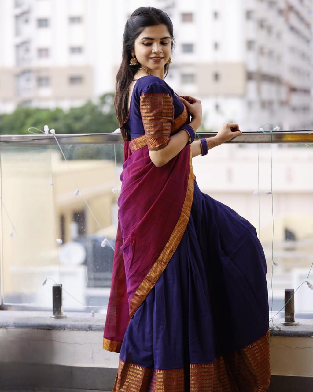 Traditional half saree with woven gold zari border navy wine
