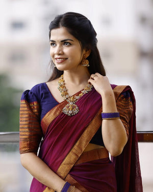 South Indian langa voni in navy Kanchi cotton with wine dupatta
