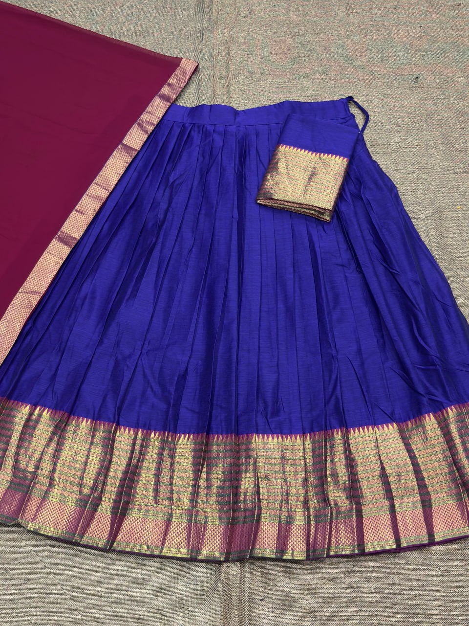 Regal jewel tone South Indian half saree lehenga navy blue with wine contrast
