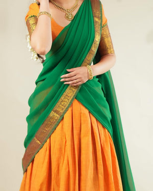 Kanchi cotton pavadai dhavani for temple and half saree ceremony
