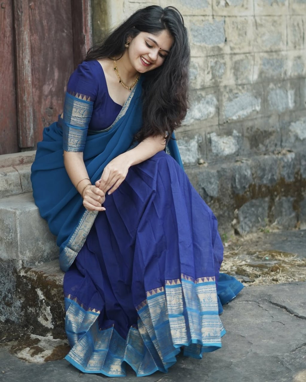 Navy Blue & Sky Blue Kanchi Cotton Half Saree Lehenga - Traditional Zari Weaving Work with Temple Border