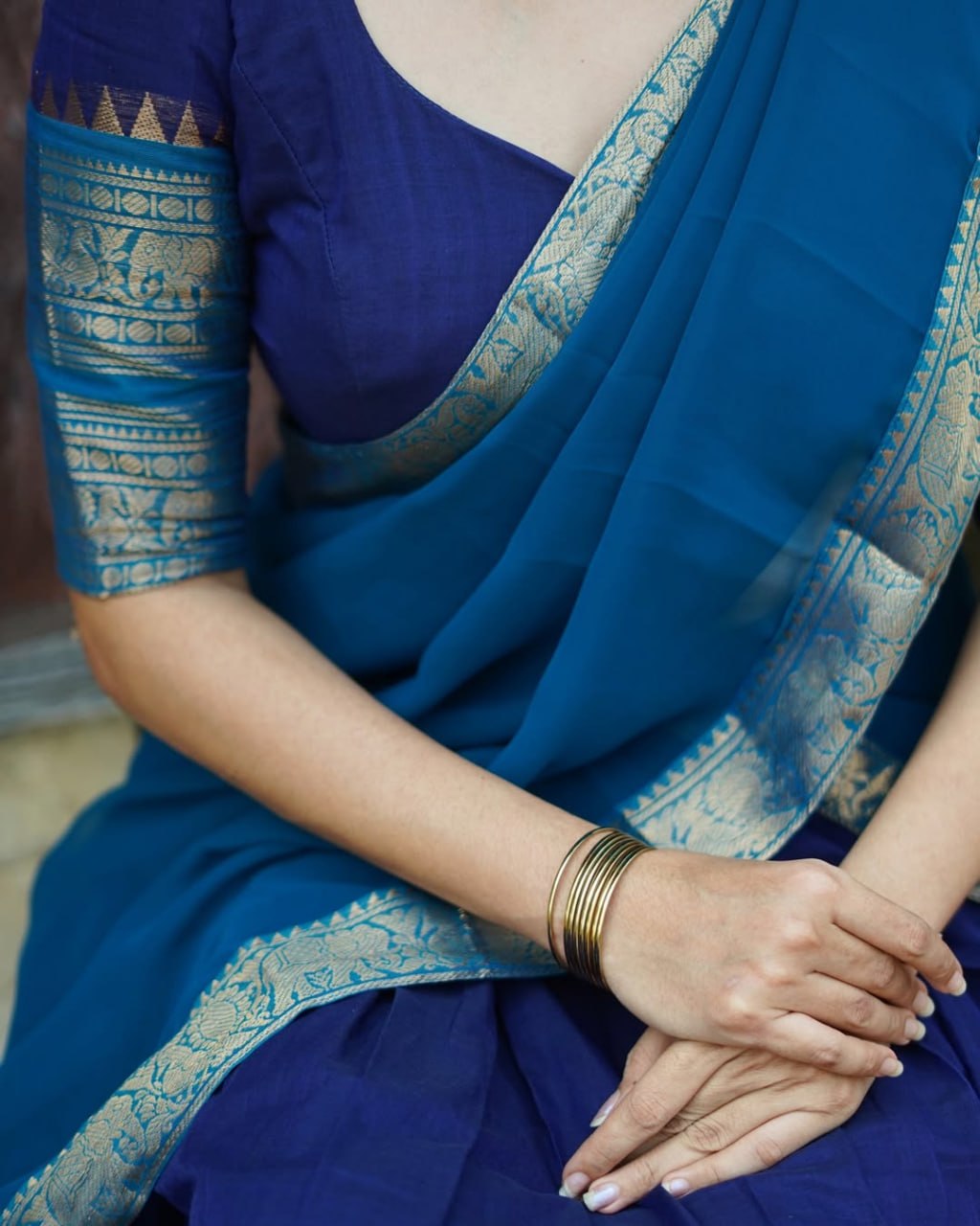 Navy Blue & Sky Blue Kanchi Cotton Half Saree Lehenga - Traditional Zari Weaving Work with Temple Border