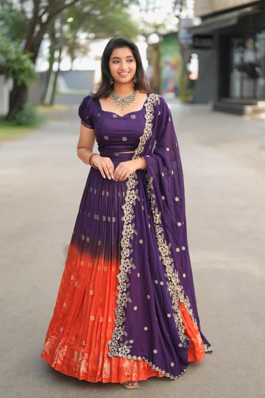 Purple and orange shaded ready to wear designer lehenga choli viscose dola silk
