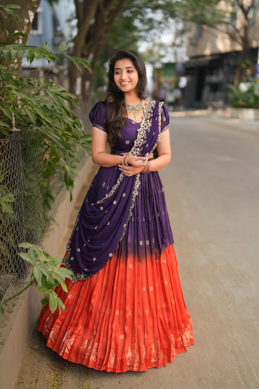 Stitched designer crop top lehenga with scalloped embroidered dupatta
