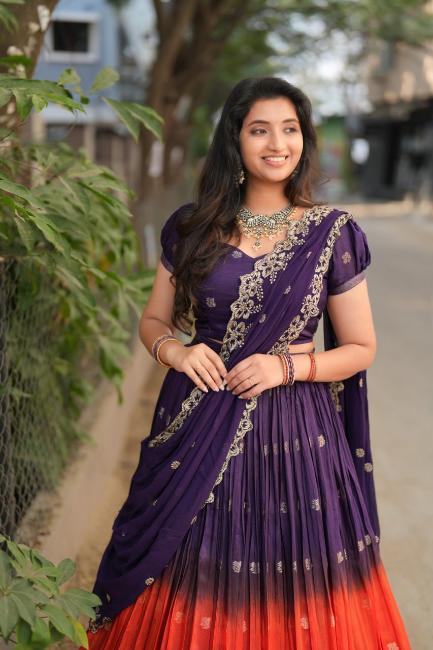Ready to wear hand-dyed ombre lehenga purple to orange with embroidered dupatta
