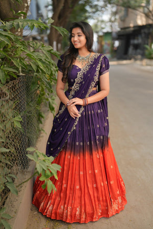 Ready to wear pure viscose dola silk wedding lehenga with peacock motif border
