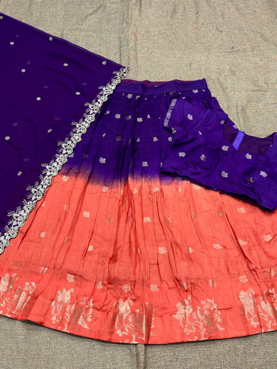 Fully stitched dual tone shaded lehenga choli purple orange with floral embroidered dupatta
