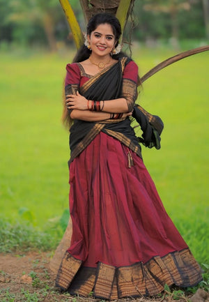 Traditional half saree with woven gold zari figurine border wine navy
