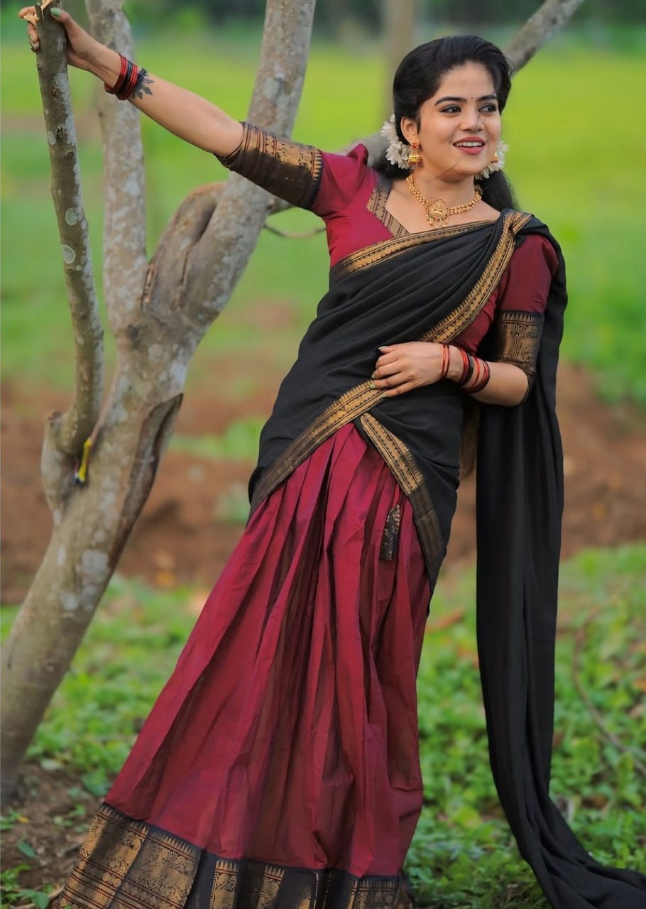 Kanchi cotton pavadai dhavani for temple and festive functions

