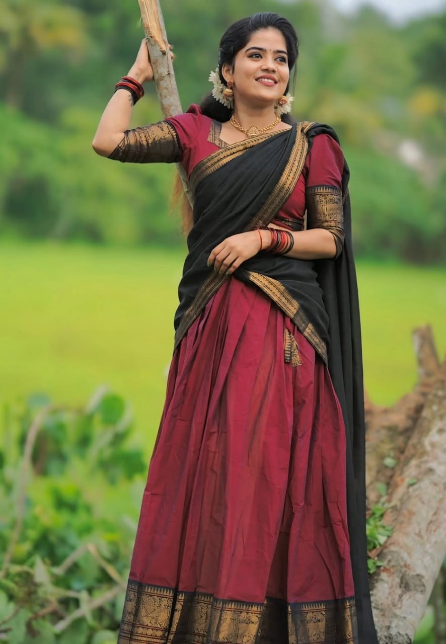 Wine and navy blue Kanchi cotton half saree lehenga with figurine temple border
