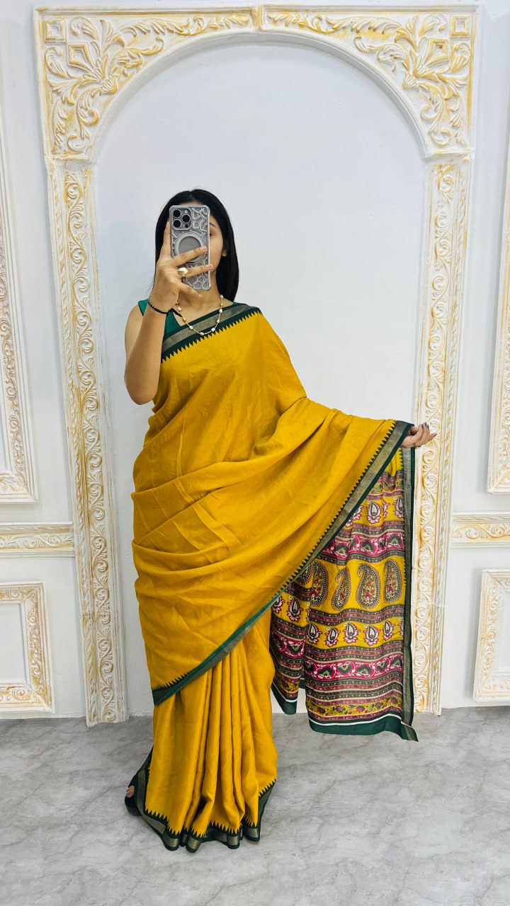 Green Border Musterd Soft Mal Mal Cotton Silk Traditional Kalamkari Saree