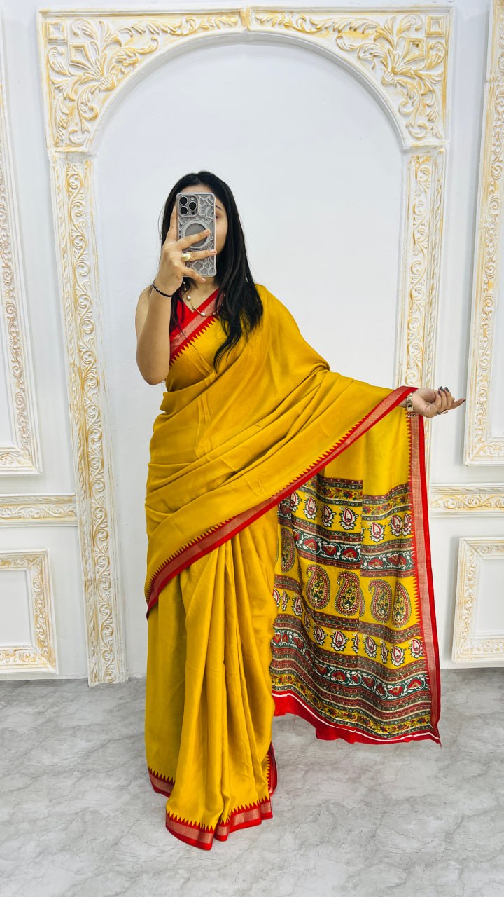 Red Border Musterd Soft Mal Mal Cotton Silk Traditional Kalamkari Saree