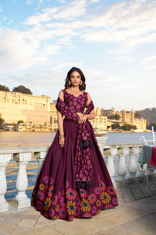 Wine Tussar Silk Floral Print With Foil Work Lehenga