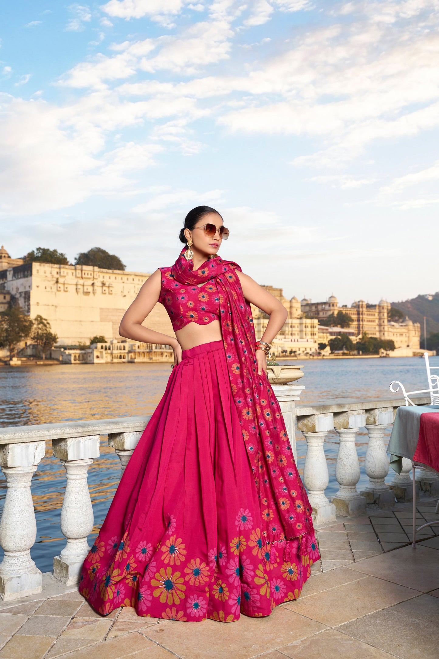 Pink Tussar Silk Floral Print With Foil Work Lehenga