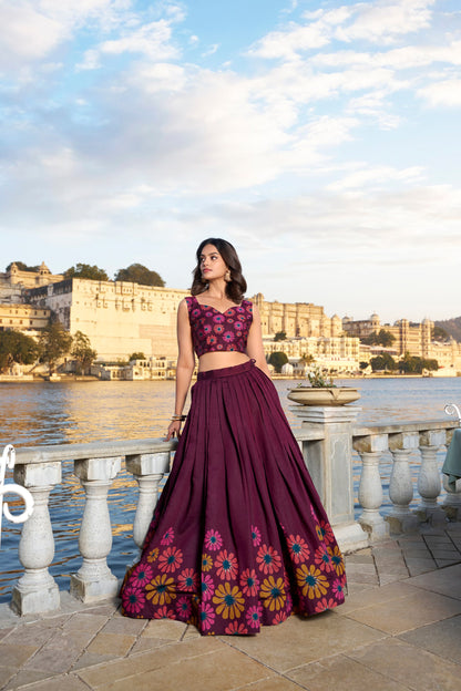 Wine Tussar Silk Floral Print With Foil Work Lehenga