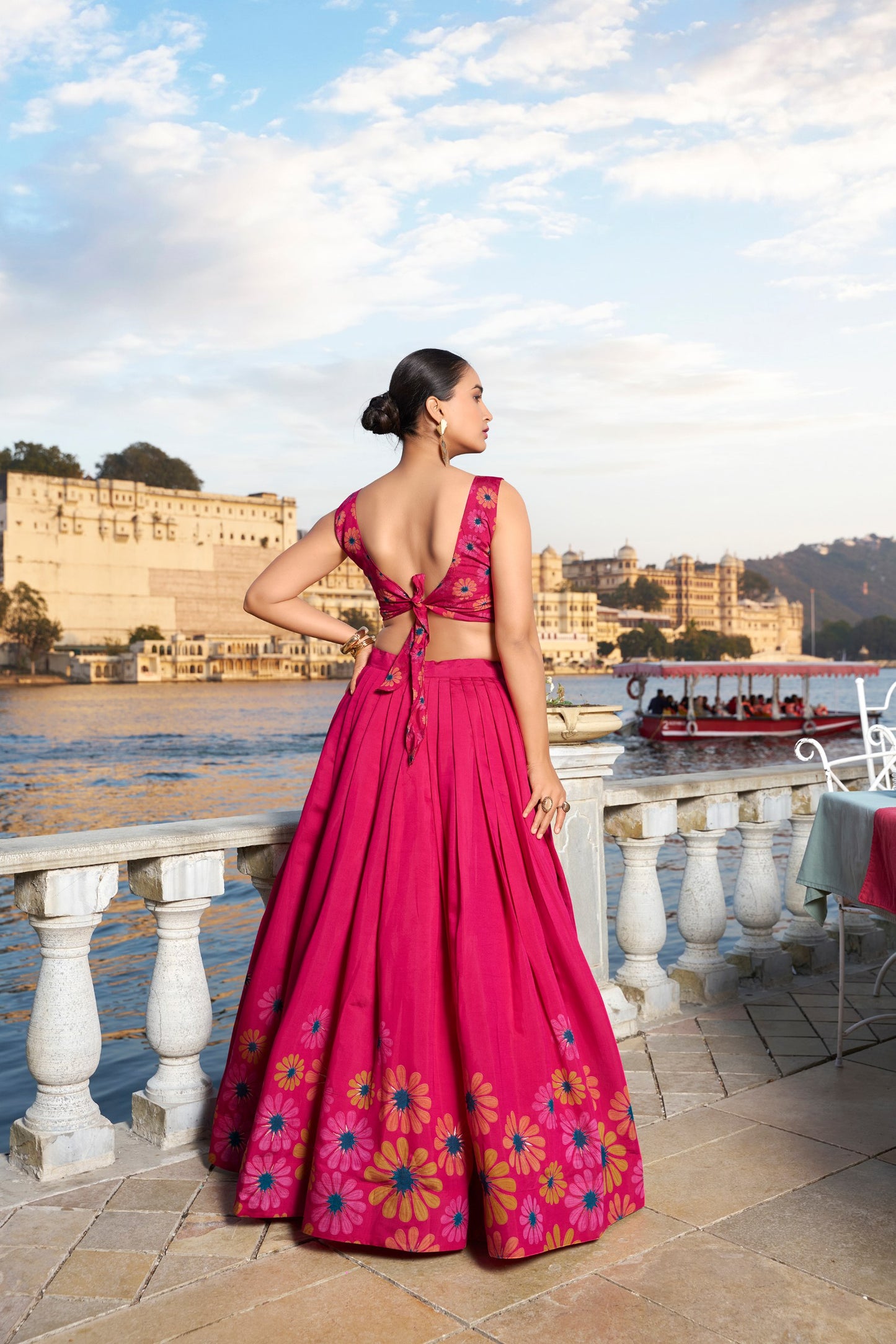 Pink Tussar Silk Floral Print With Foil Work Lehenga