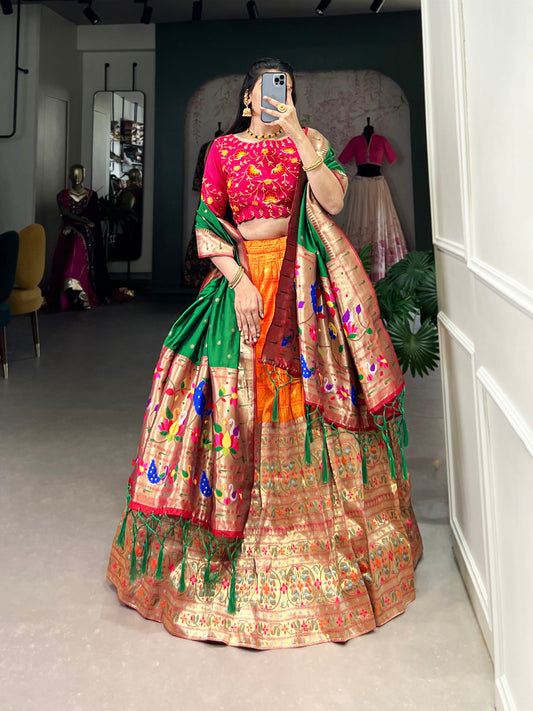 Orange Paithani Zari Weaving Work Lehenga