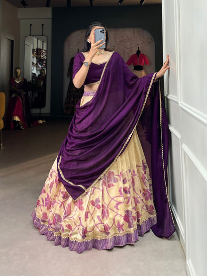 Purple Green Silk Printed With Lace Touch Up Stitched Lehenga