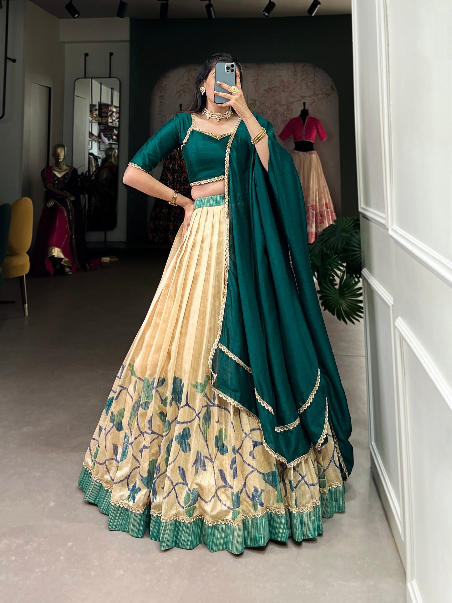 Rama Green Green Silk Printed With Lace Touch Up Stitched Lehenga