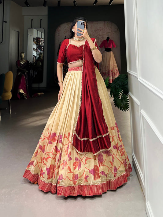 Maroon Green Silk Printed With Lace Touch Up Stitched Lehenga