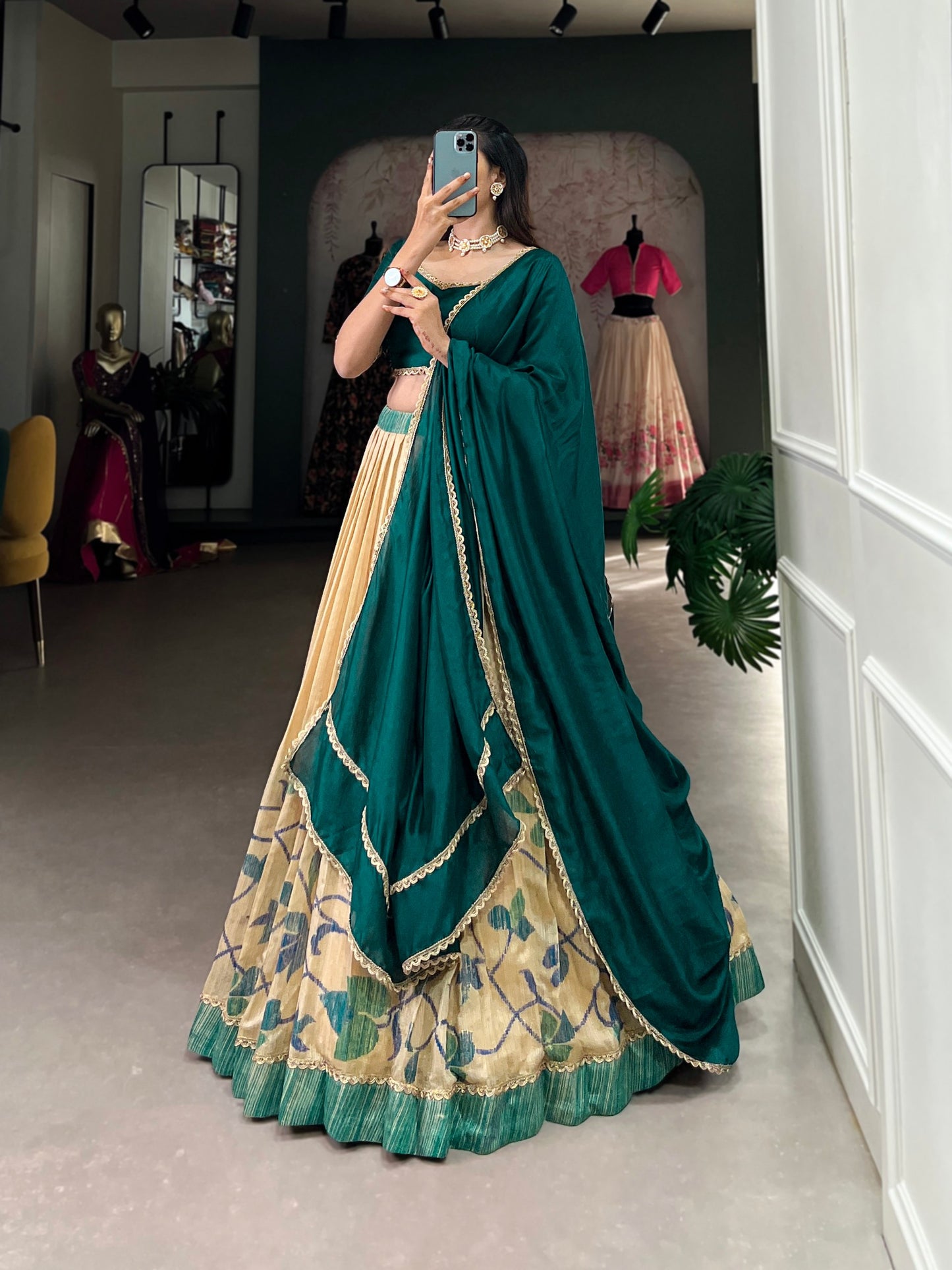 Rama Green Green Silk Printed With Lace Touch Up Stitched Lehenga