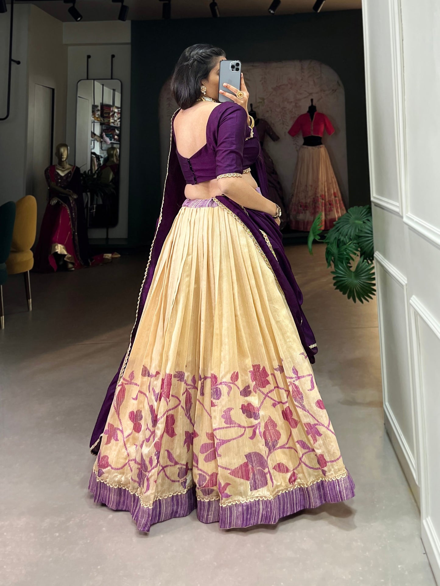 Purple Green Silk Printed With Lace Touch Up Stitched Lehenga