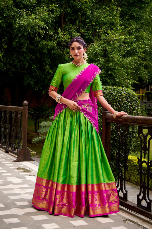 Parrot Poly Cotton Zari Weaving Work Every Celebration Lehenga