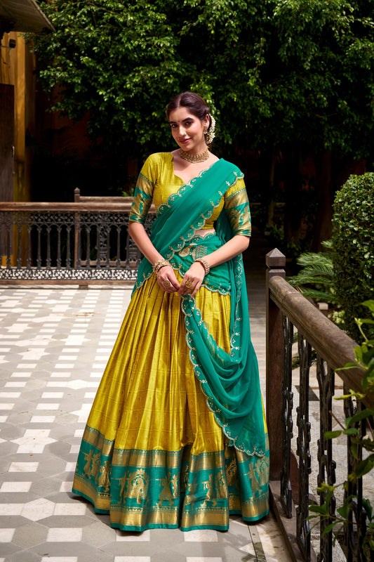 Yellow Poly Cotton Zari Weaving Work Every Celebration Lehenga