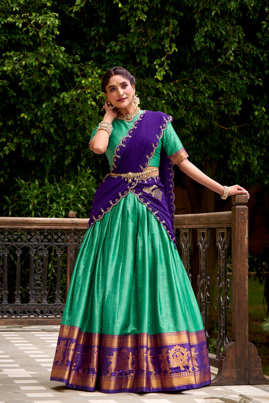 Bee Green Poly Cotton Zari Weaving Work Every Celebration Lehenga