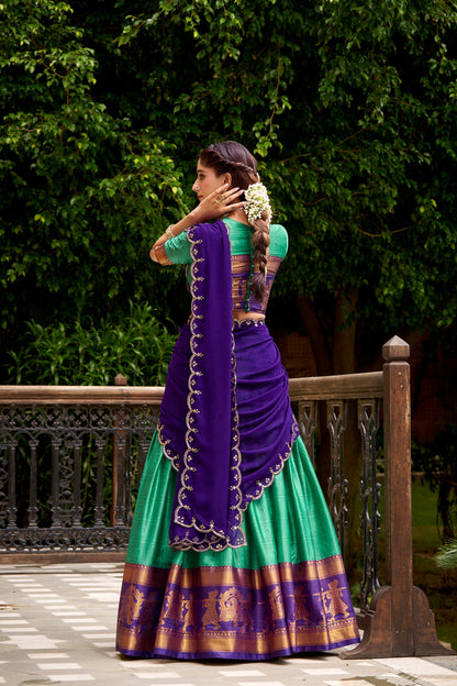 Bee Green Poly Cotton Zari Weaving Work Every Celebration Lehenga