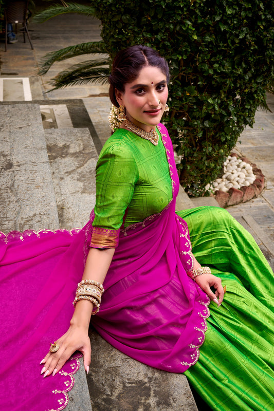 Parrot Poly Cotton Zari Weaving Work Every Celebration Lehenga