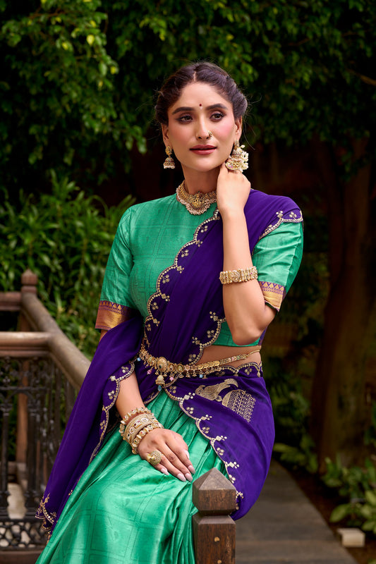 Bee Green Poly Cotton Zari Weaving Work Every Celebration Lehenga