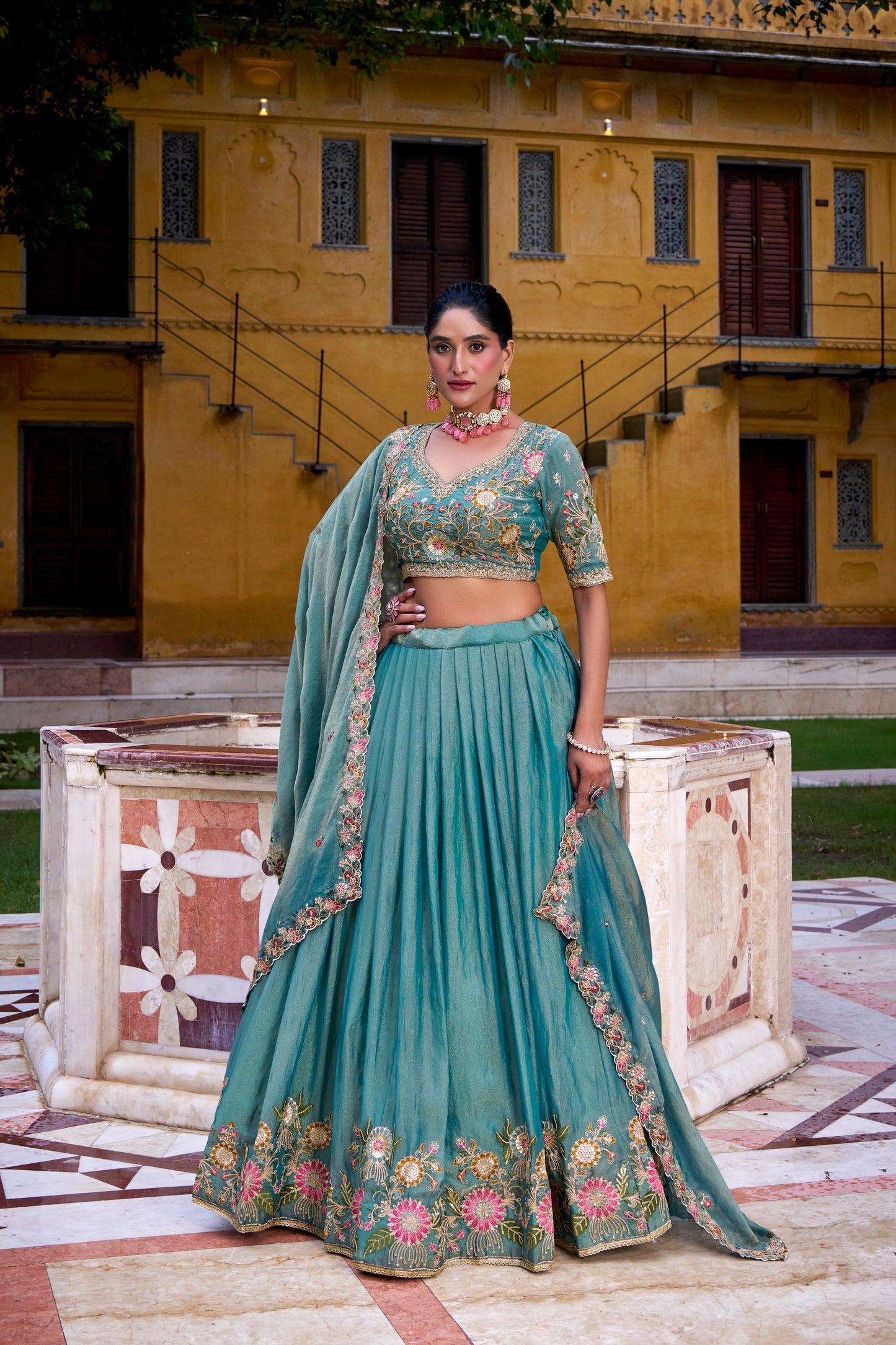 Blue Zari Shimmer Sequins And Thread Embroidery Work Lehenga