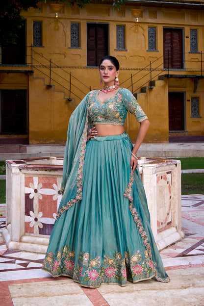 Blue Zari Shimmer Sequins And Thread Embroidery Work Lehenga