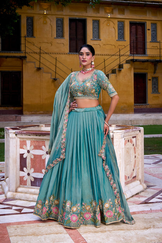 Blue Zari Shimmer Sequins And Thread Embroidery Work Lehenga