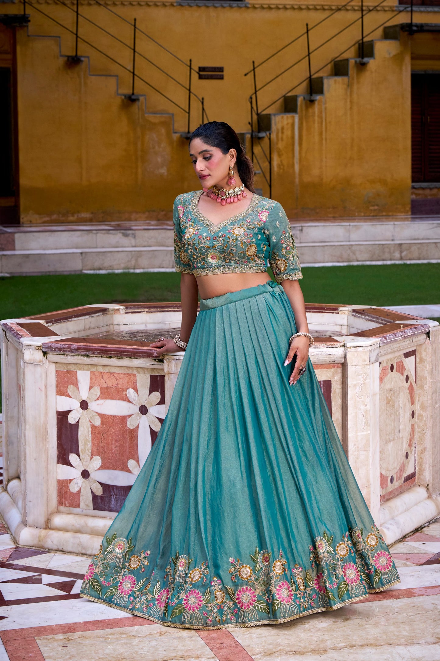 Blue Zari Shimmer Sequins And Thread Embroidery Work Lehenga