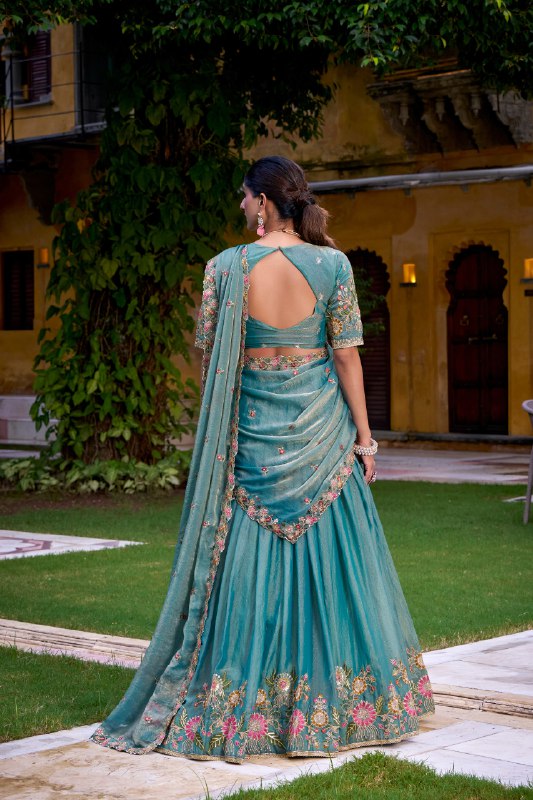 Blue Zari Shimmer Sequins And Thread Embroidery Work Lehenga