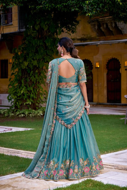 Blue Zari Shimmer Sequins And Thread Embroidery Work Lehenga