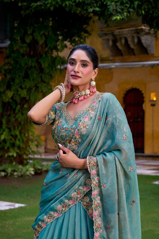 Blue Zari Shimmer Sequins And Thread Embroidery Work Lehenga