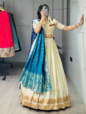 Royal Firozi Paithani Silk Lehenga with Traditional Zari Weaving and Peacock Border by The Beauty Queen Surat