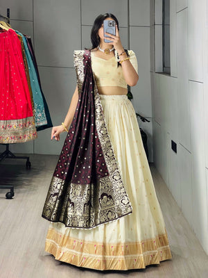 Royal Wine Paithani Silk Lehenga with Traditional Zari Weaving and Border by The Beauty Queen Surat