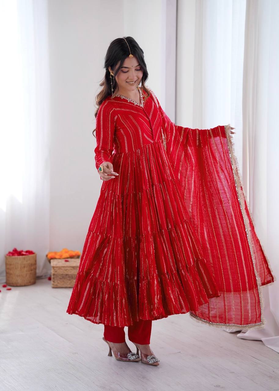 Red Chanderi Silk Salwar Suit – Handcrafted Real Mirror Work & Designer Embroidery Set