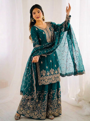 Rama Blue Jimmy Silk Plazzo Set with Shimmering Sequence and Embroidery Work Full Sleeves by The Beauty Queen Surat